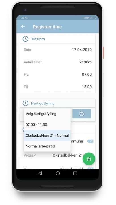 24onoff-Android-Hurtigutfylling-opt Hurtigutfylinger er perfekt for registrering av faste oppdrag eller dager.